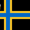 Caithness Flag – a yellow-edged blue Scandinavian cross on black; in the canton a saling ship, its mainsail bearing a raven