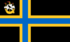 Caithness Flag – a yellow-edged blue Scandinavian cross on black; in the canton a saling ship, its mainsail bearing a raven