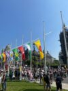 Flags of the UK's historic counties fly in Parliament Square, 23 July 2021