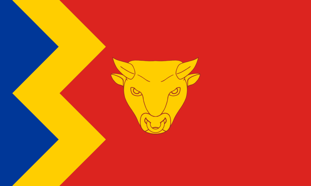 Shows the Birmingham Flag: a yellow bull's head on red, with a yellow zigzag filled in blue at the hoist