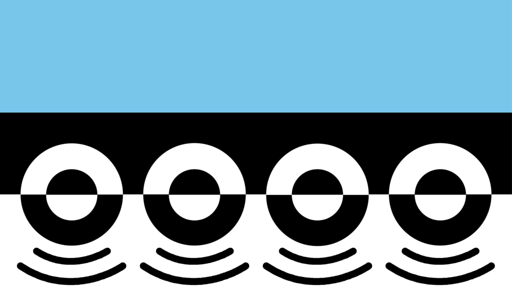 Shows the Digbeth Flag: three horizontal stripes light blue, black with white semicircles, and white with black semicircles and ripples;
