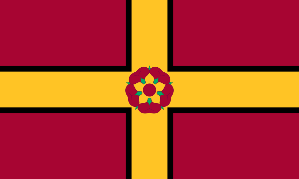 Describes the Northamptonshire Flag: a yellow cross edged in black upon a maroon field; at the centre of the cross is a rose in maroon and yellow