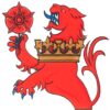 Badge of the March Pursuivant - a red lion rampant with red rose and gold coronet