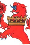 Badge of the March Pursuivant - a red lion rampant with red rose and gold coronet