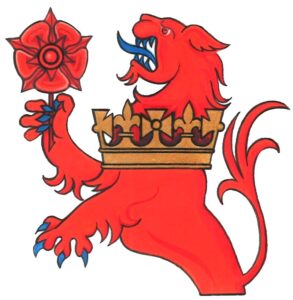 Badge of the March Pursuivant - a red lion rampant with red rose and gold crown