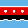 Maryhill Flag – six descending horizontal bands in blue, white, red (with row of five white discs), black, wavy white and blue