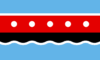 Maryhill Flag – six descending horizontal bands in blue, white, red (with row of five white discs), black, wavy white and blue