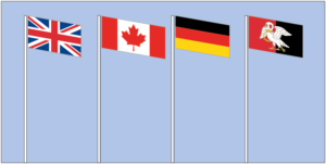 Four flags at full-mast