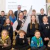 Keith Primary School pupils and vexillologist Philip Tibbetts launch the Banffshire flag design competition, February 2023.