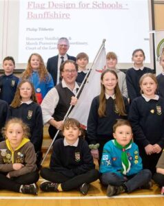 Keith Primary School pupils and vexillologist Philip Tibbetts launch the Banffshire flag design competition, February 2023.