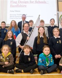 Keith Primary School pupils and vexillologist Philip Tibbetts launch the Banffshire flag design competition, February 2023.