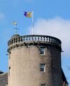 The official Aberdeenshire flag flies over Castle Fraser at its unveiling, 22 April 2023