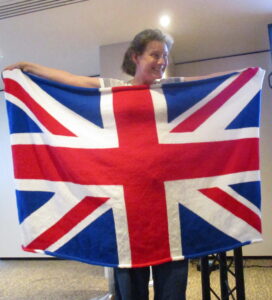 Katie Ayers displays her knitted Union Jack