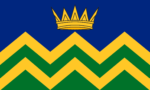 The Cumbria community flag – a gold crown on a blue field above horizontal zigzag lines of alternate green and yellow