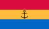 The community flag of Embo (Sutherland) – a horizontal tricolour of red, gold and blue charged with a central black anchor