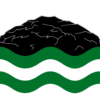 The community flag of Girvan (South Ayrshire) - a central black crag on white above wavy lines of white and green