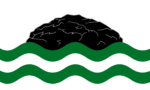 The community flag of Girvan (South Ayrshire) - a central black crag on white above wavy lines of white and green