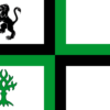 Describes the Bloxwich flag: a cross alternately black and green on a white field; a black rampant lion in the upper hoist canton, a green tree in the lower canton