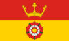 Hampshire flag: divided horizontally, a Tudor rose in white and red on yellow, below a gold coronet on red