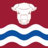 Herefordshire Flag: a deep red field with a white bull's head above three alternate wavy lines - white, blue, white