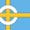 Skye Flag: light blue field, yellow Scandinavian cross and interlaced white ring; a yellow birlinn in canton