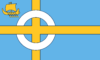 Skye Flag: light blue field, yellow Scandinavian cross and interlaced white ring; a yellow birlinn in canton